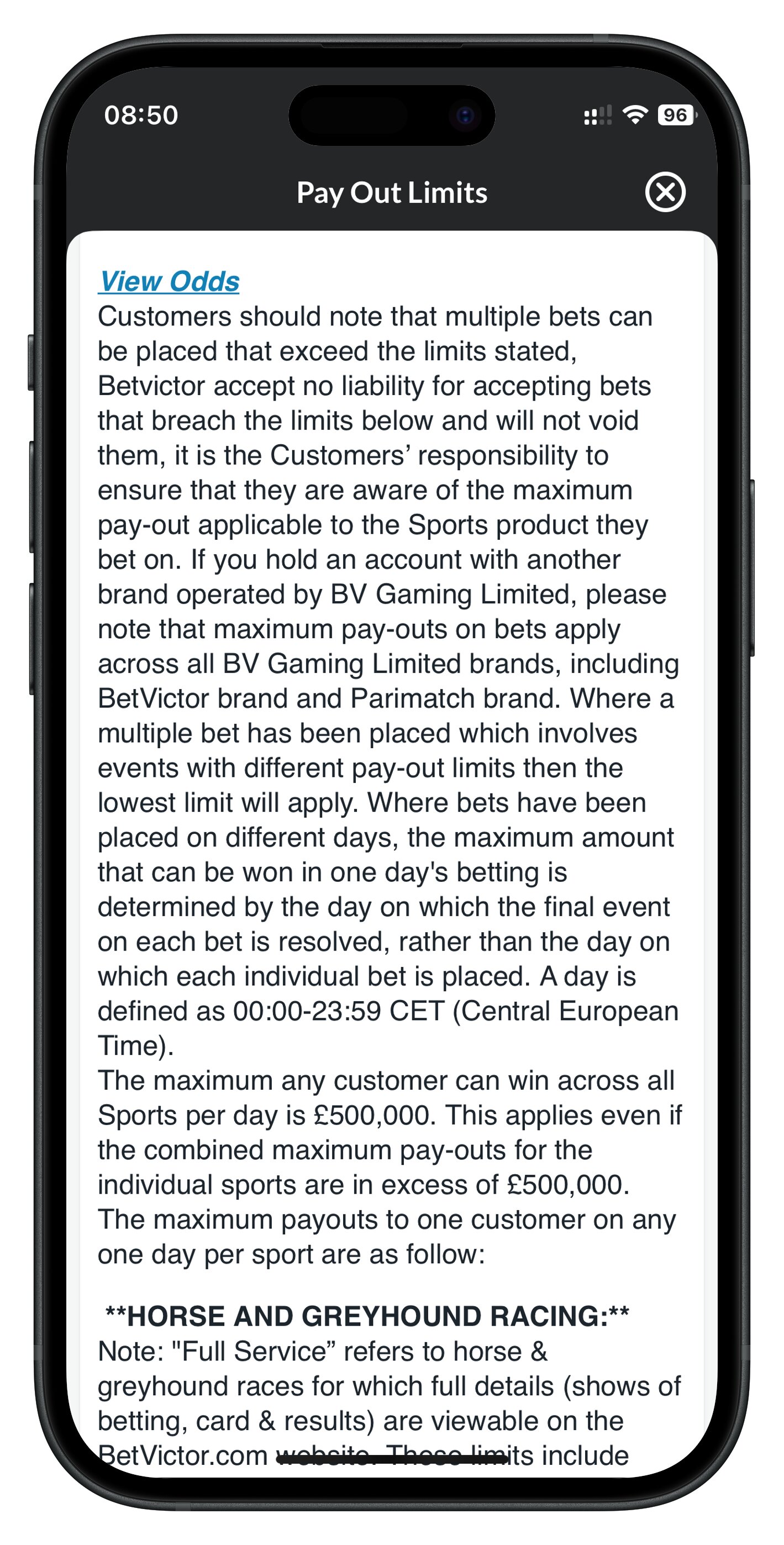 betvictor app payout limits of £500,000