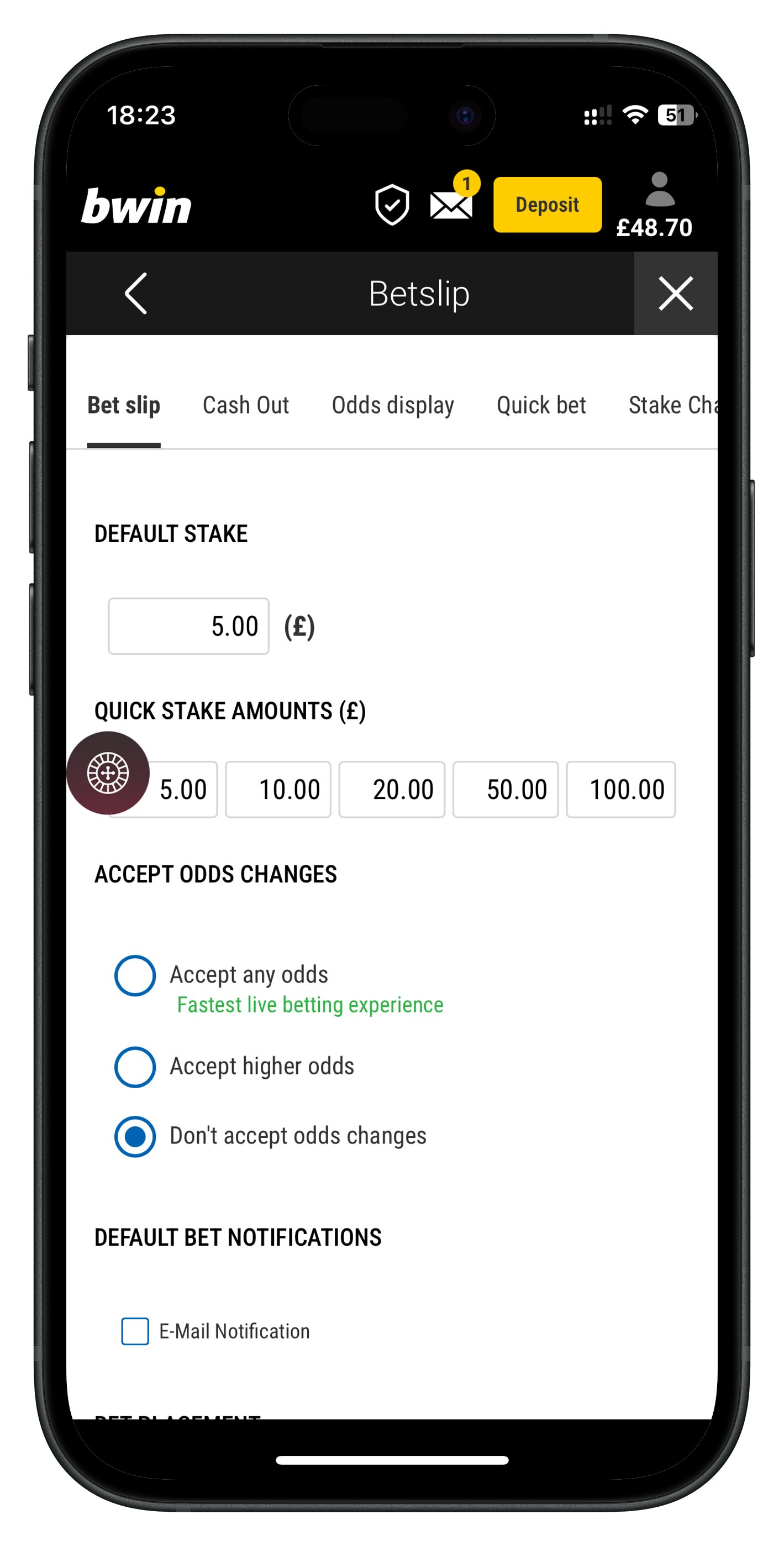 bwin app betslip settings