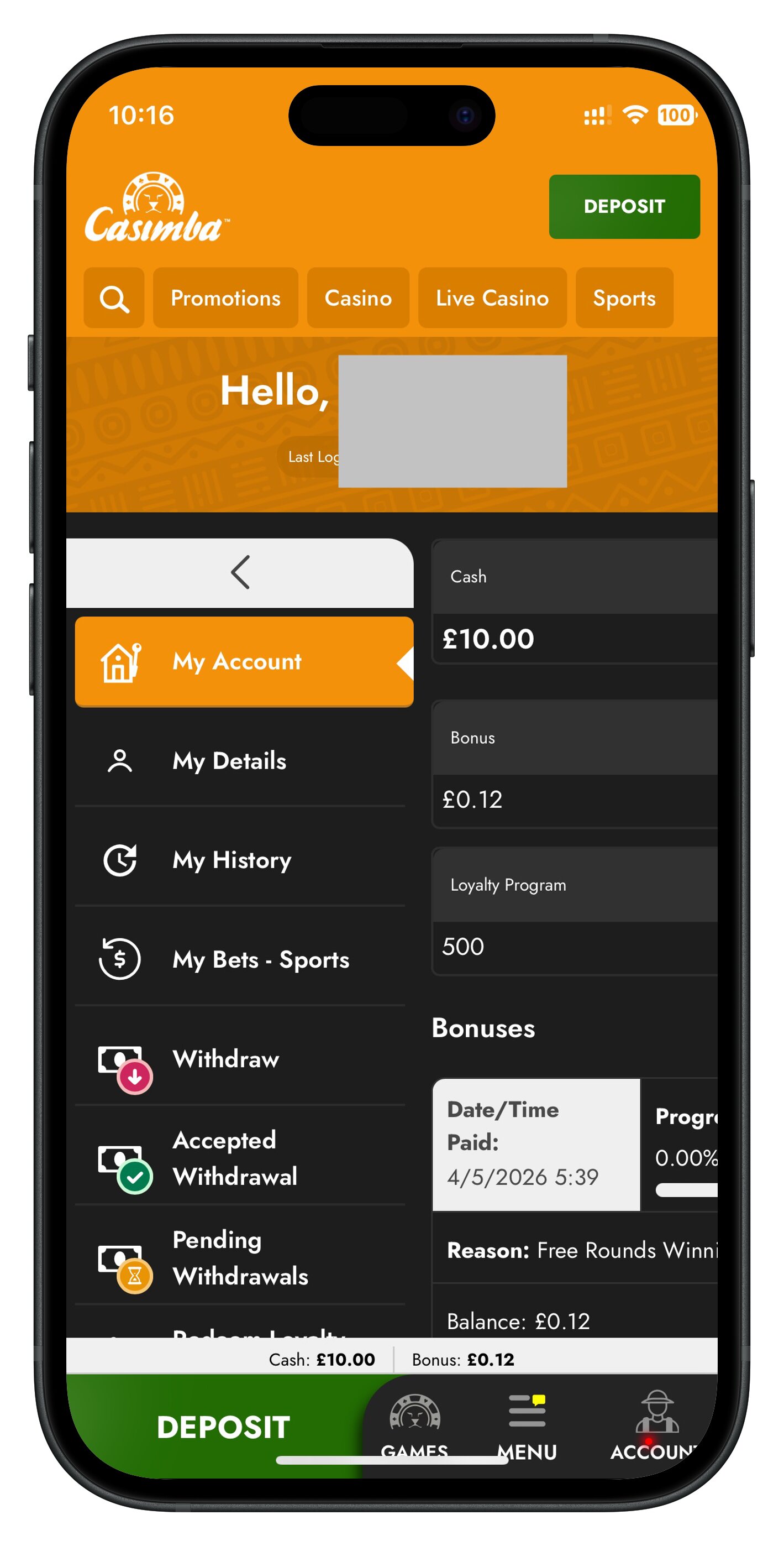 casimba app real account page