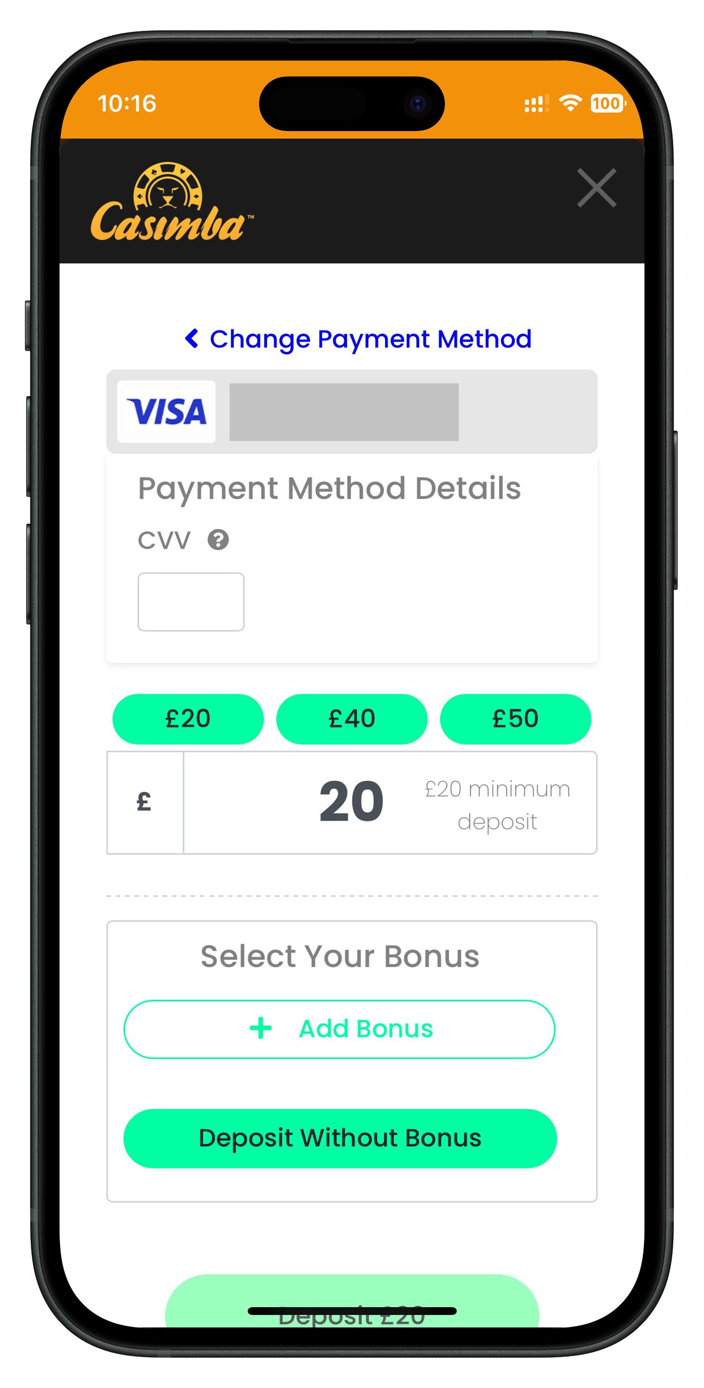 casimba app deposit page bonus selection