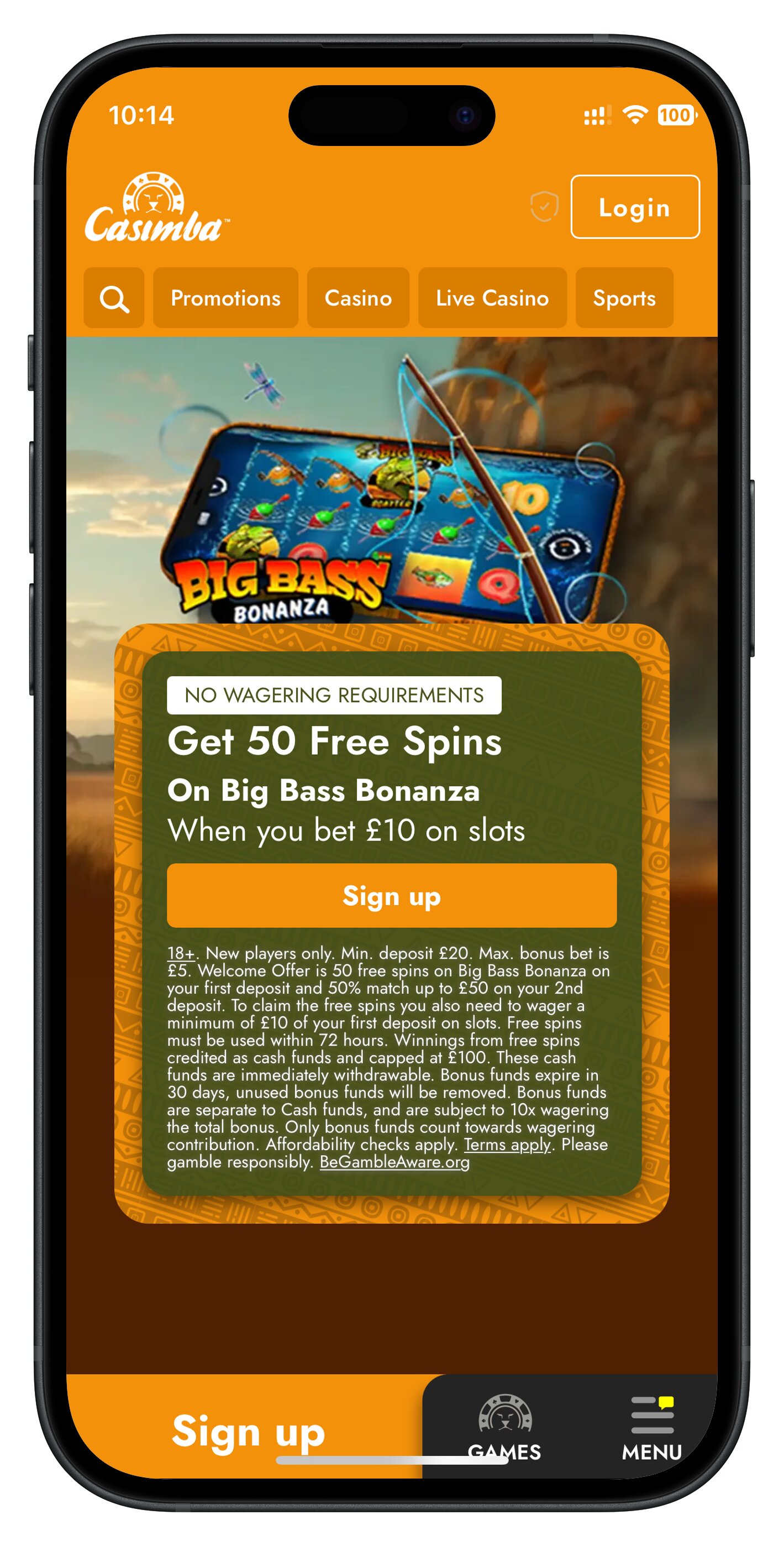 casimba app homepage not logged in