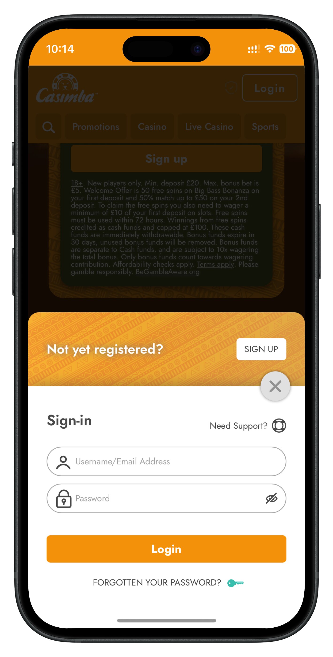 casimba app login page