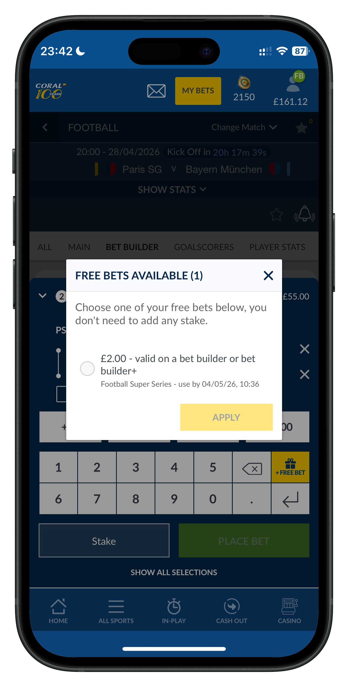 coral app free bet selection