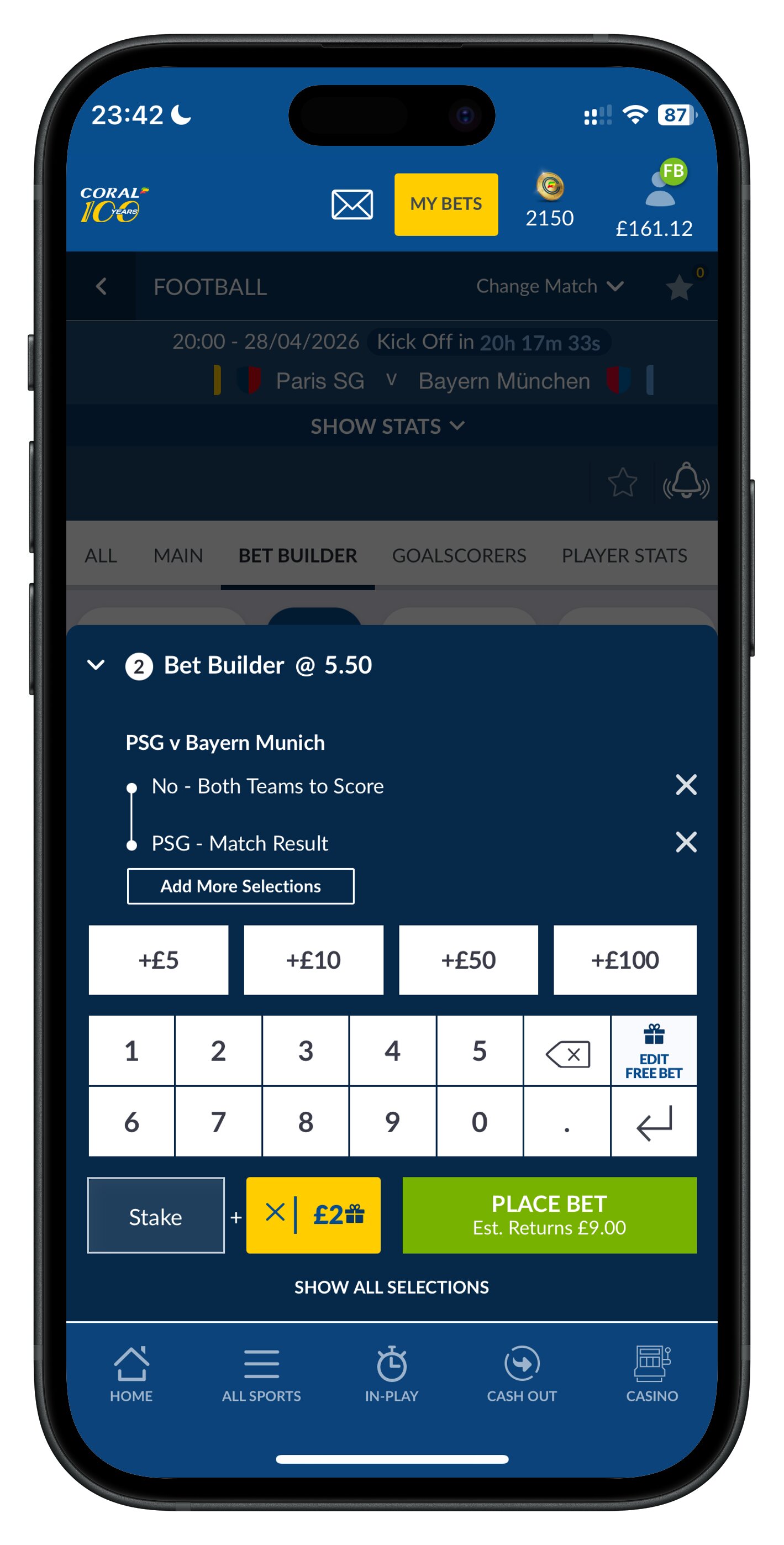 coral app free bet applied to betslip