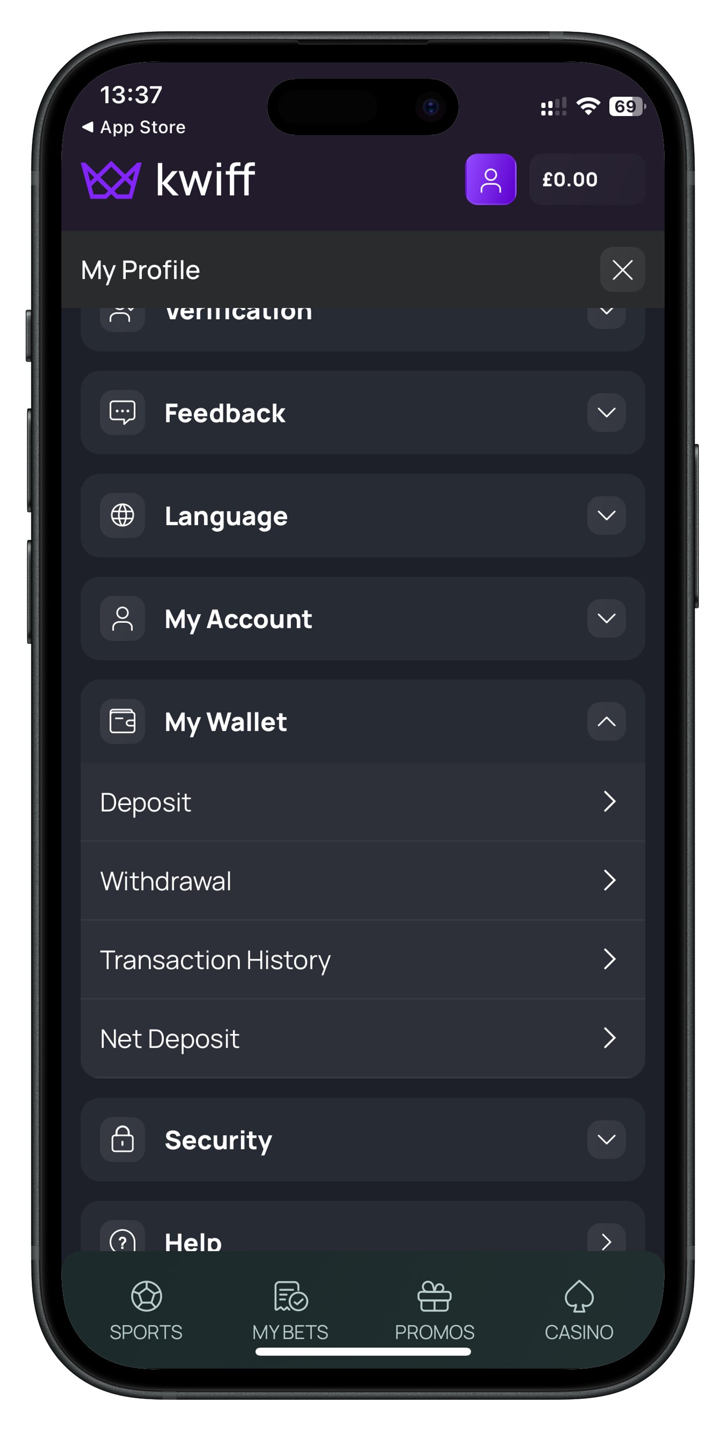 kwiff app account page with my wallet tab expanded