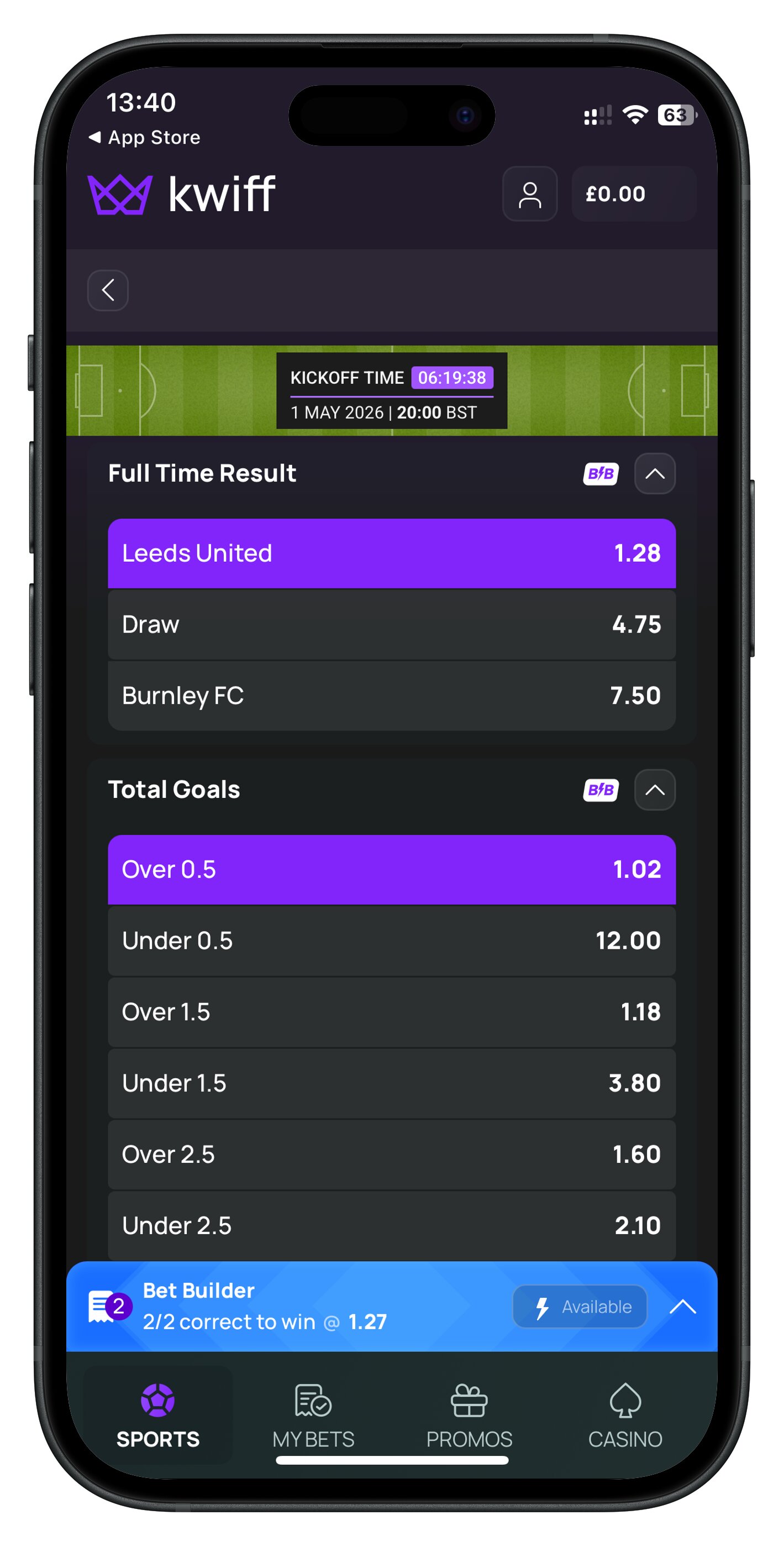 kwiff app bet builder selections