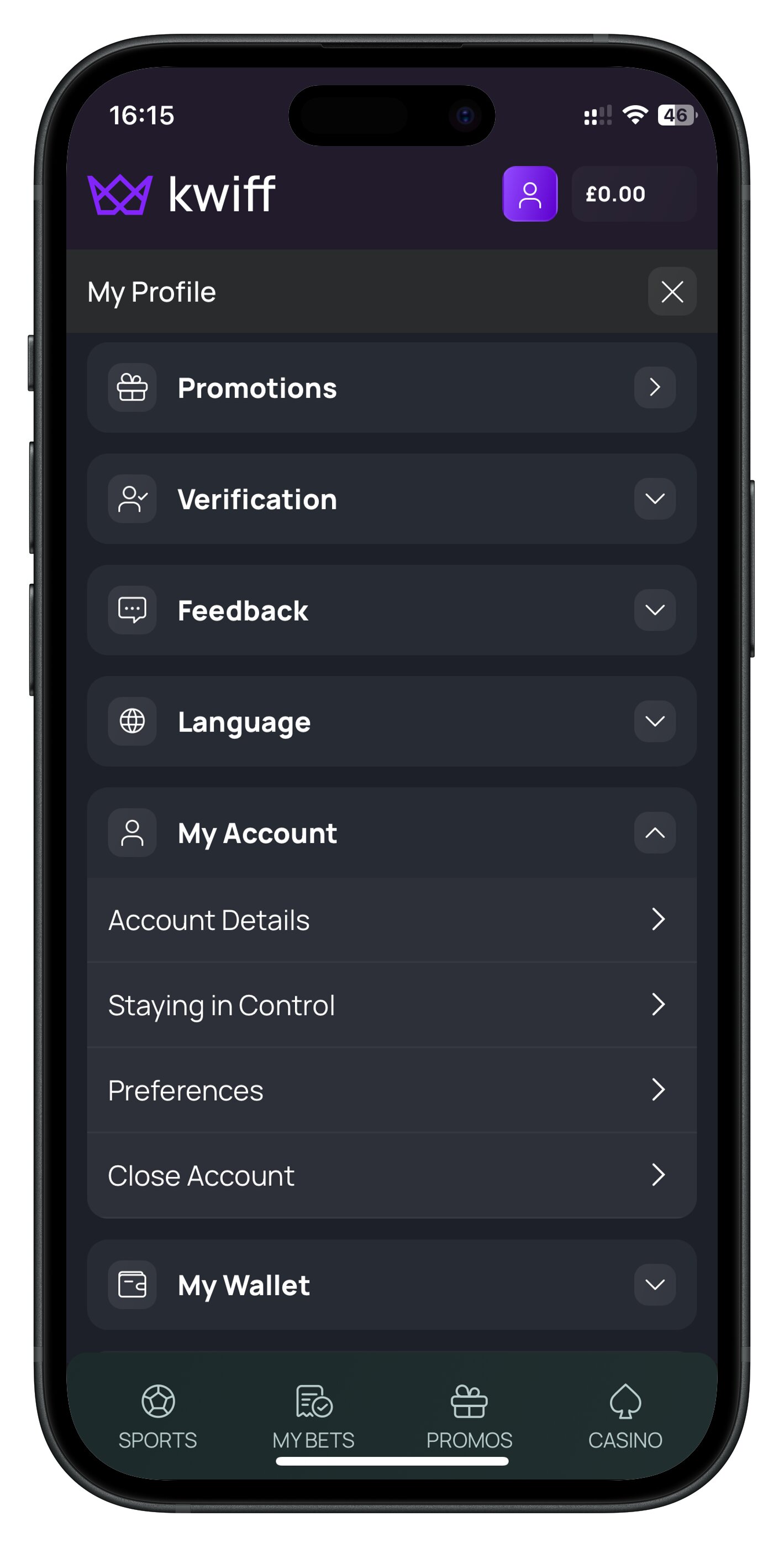 kwiff app account page preferences