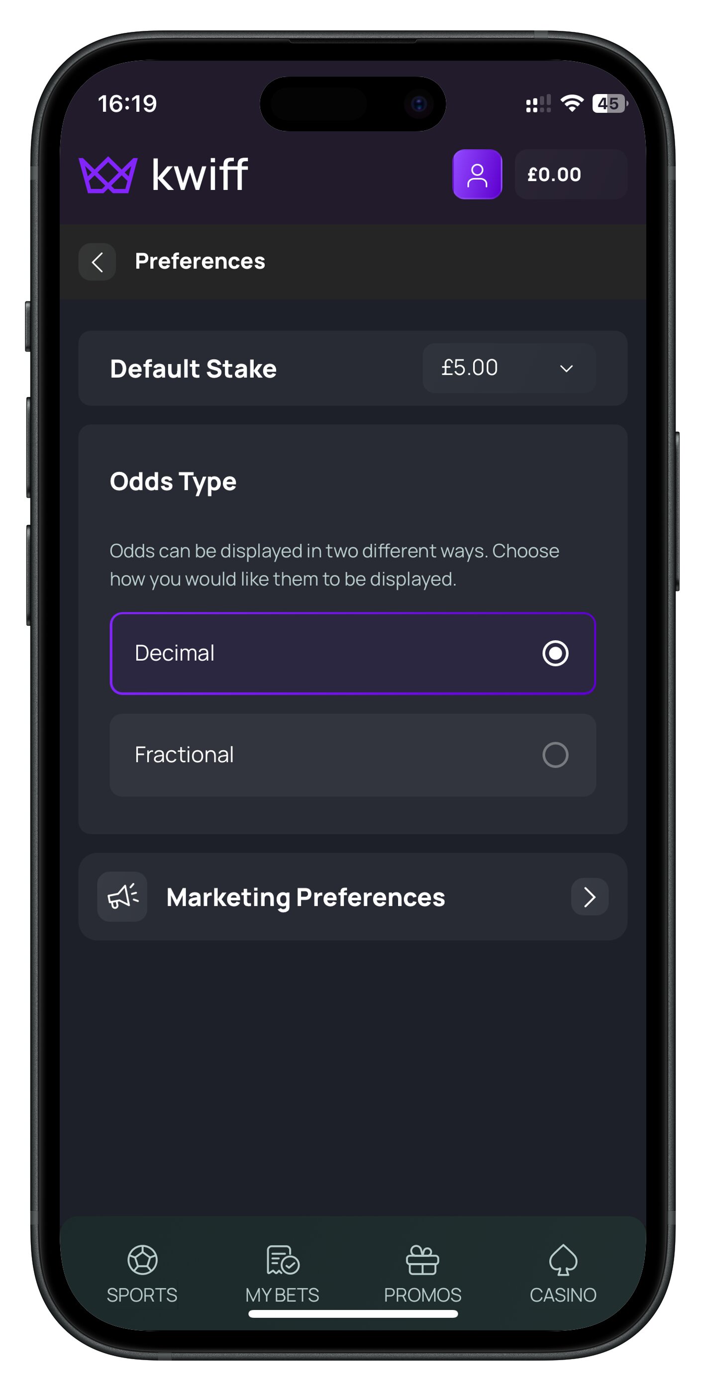 kwiff app preferences page
