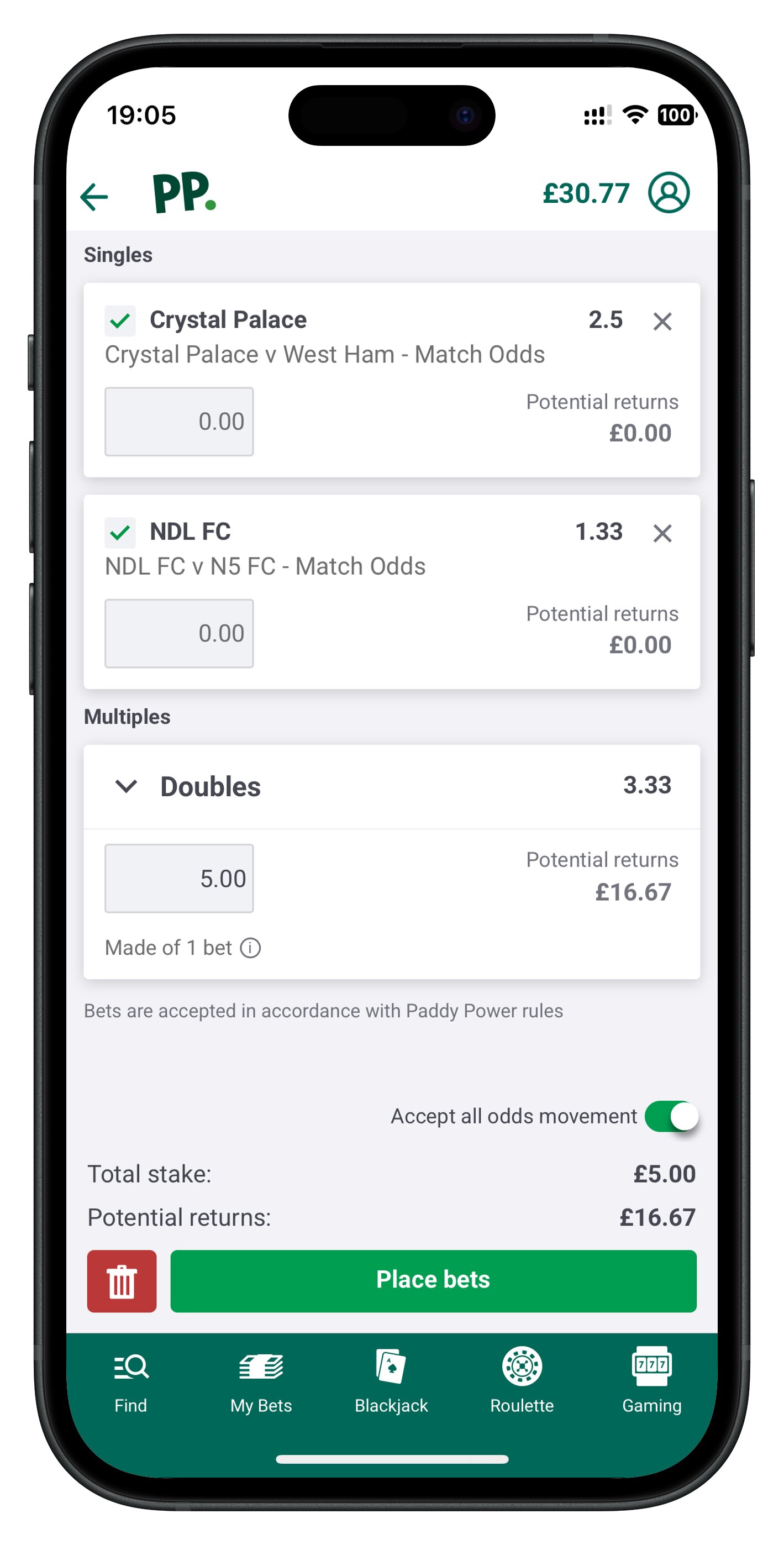 Paddy Power acca betslip