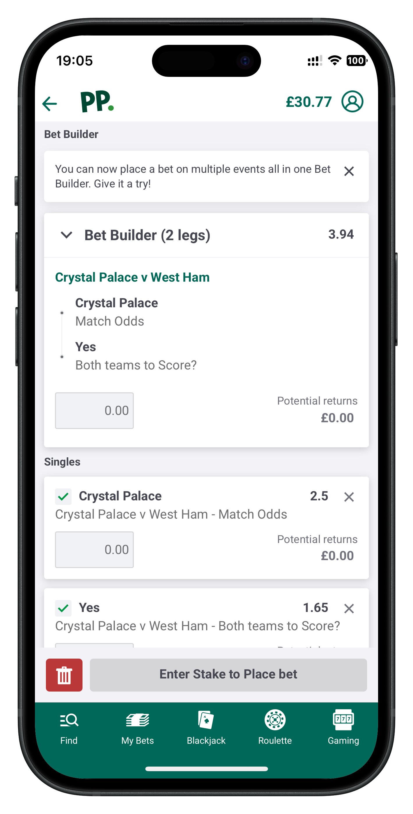 Paddy Power betslip clearly showing bet builder and singles options