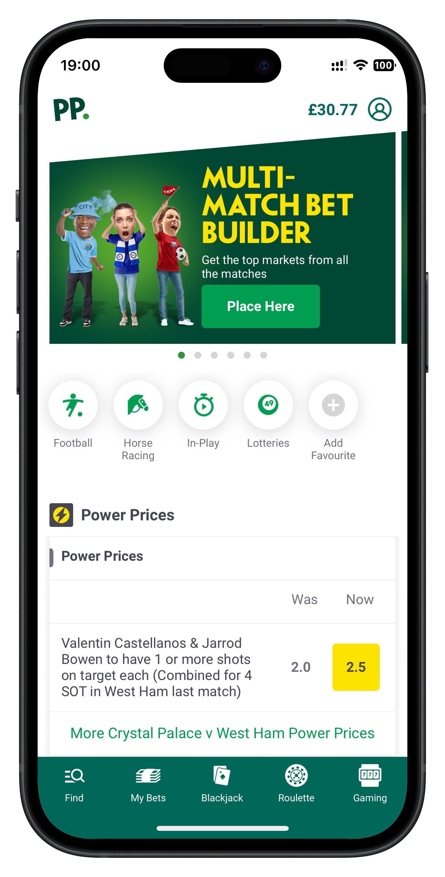Paddy Power app homepage