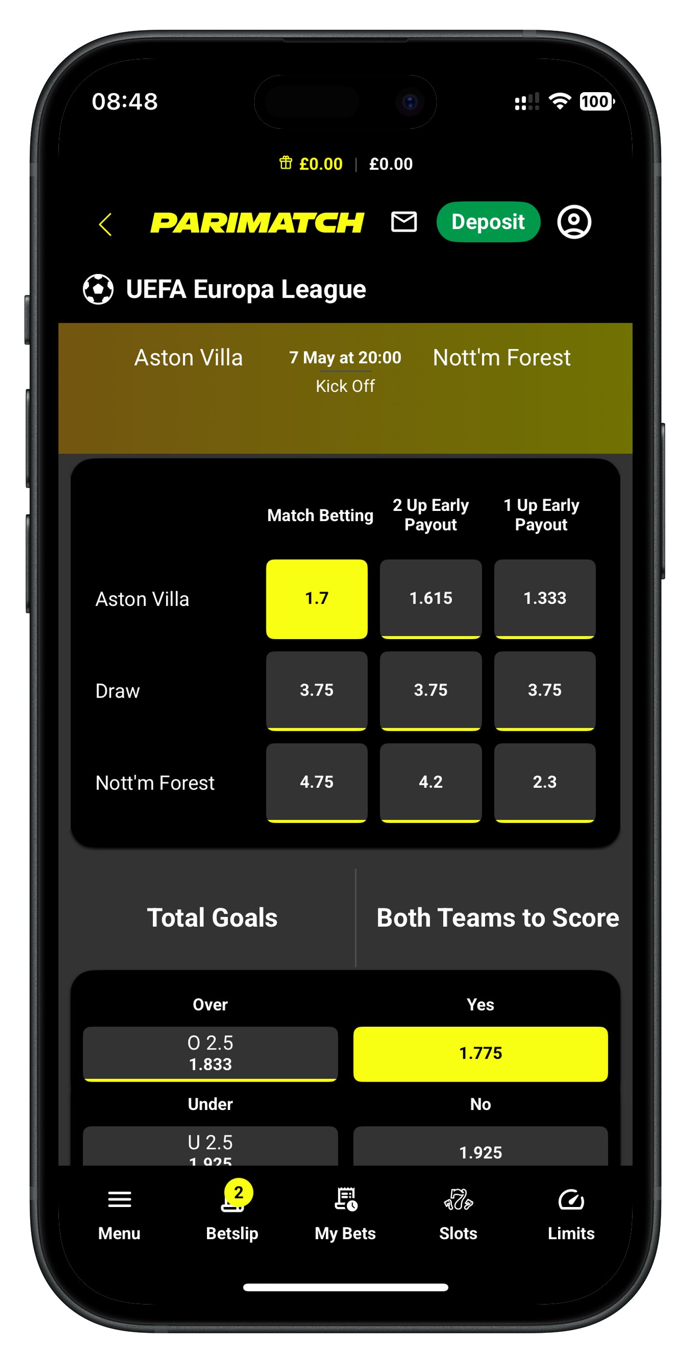 parimatch app tapping selections when not in bet builder