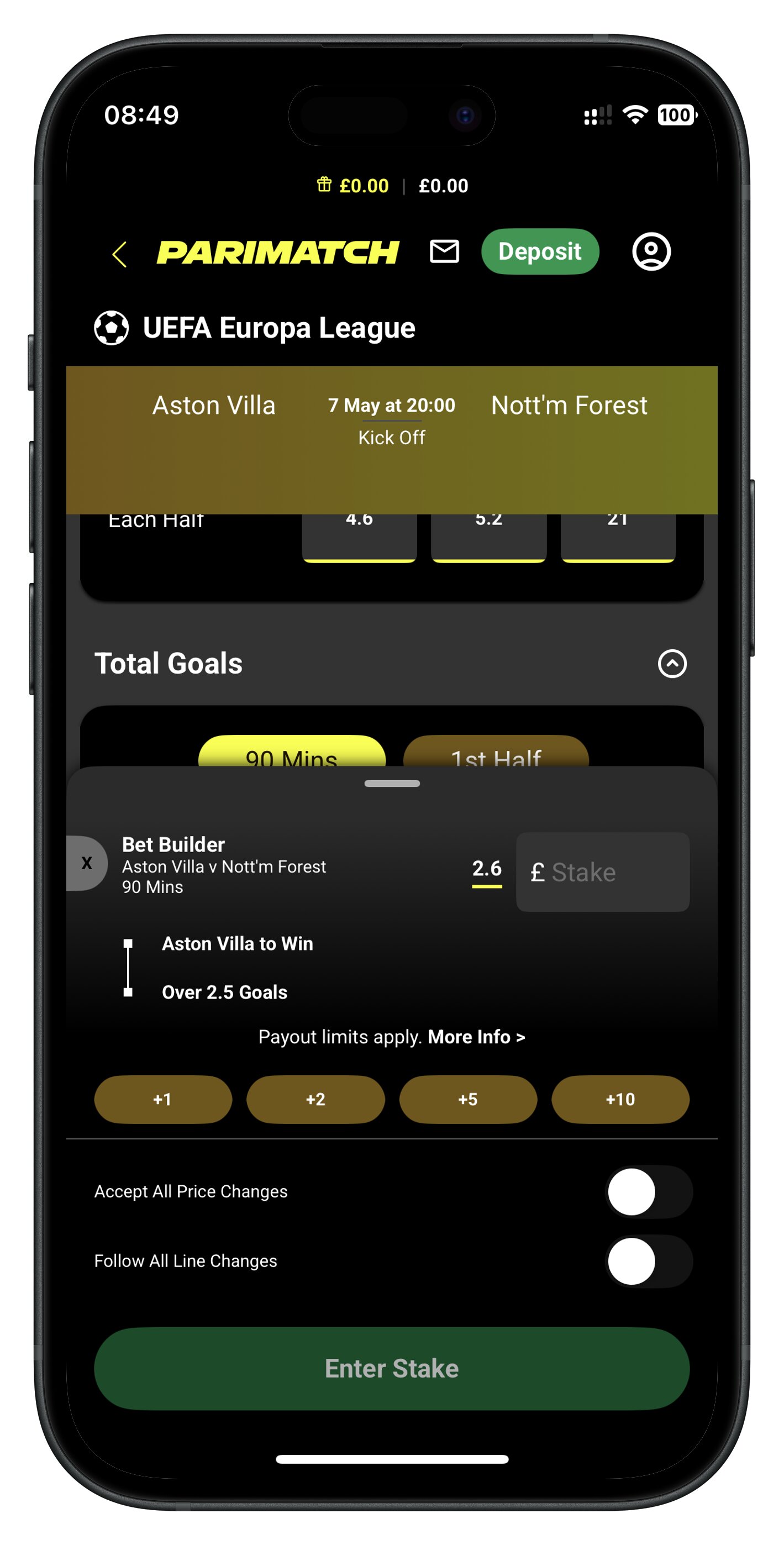 parimatch app bet builder added to betslip