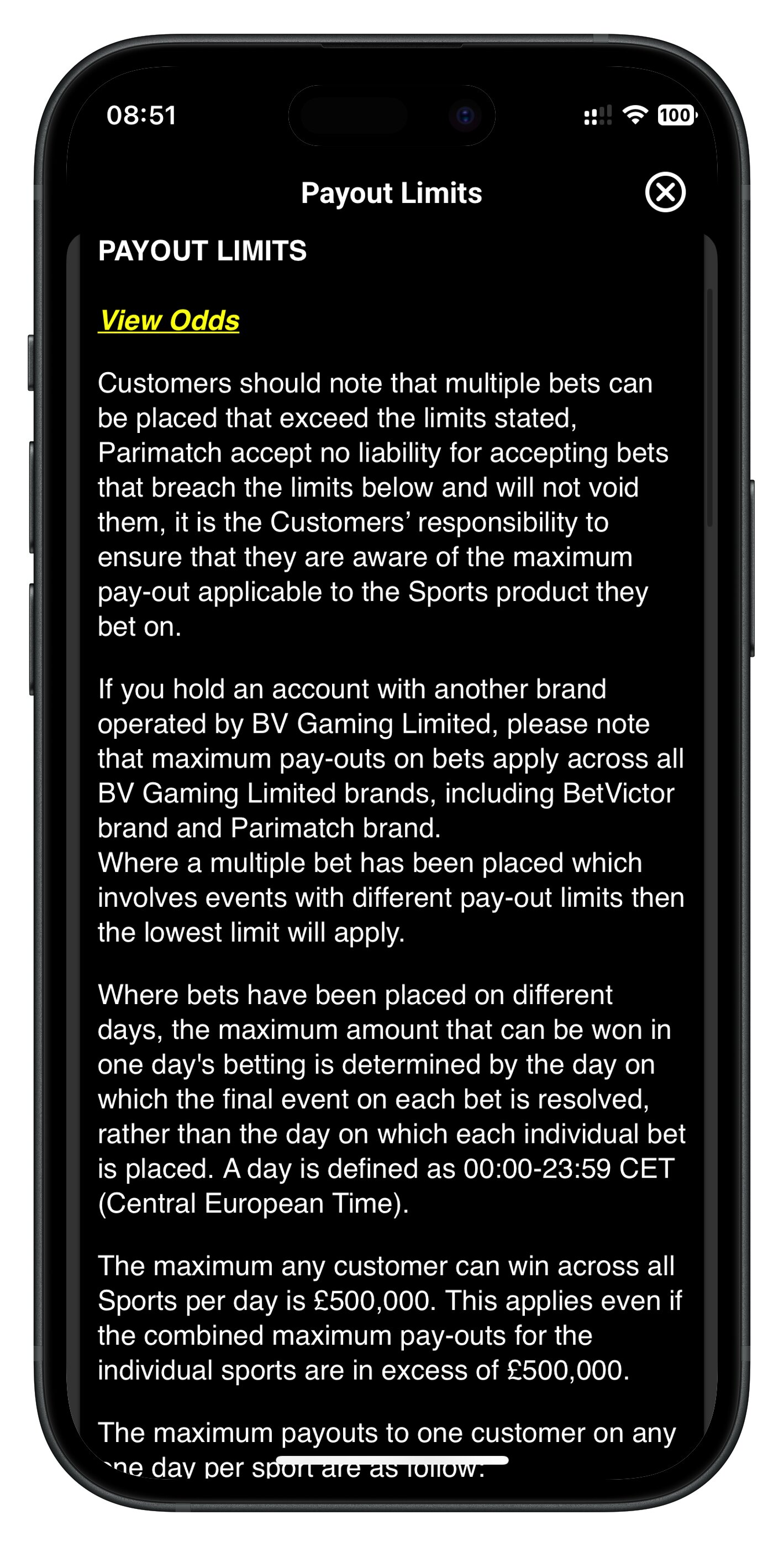 parimatch app payout limits of £500,000