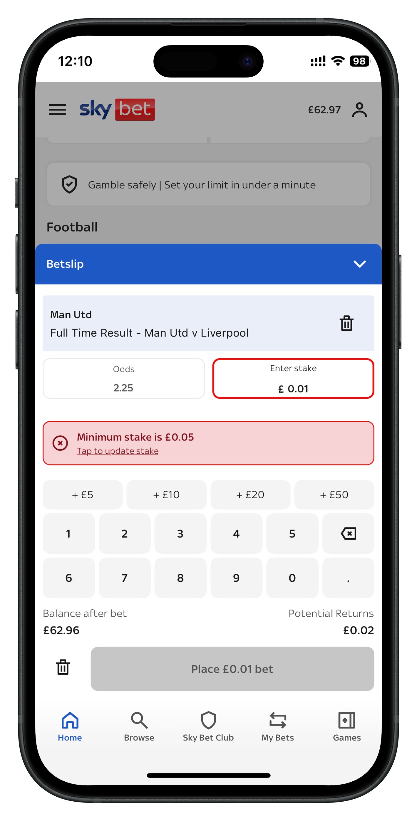 skybet app minimum stake for single