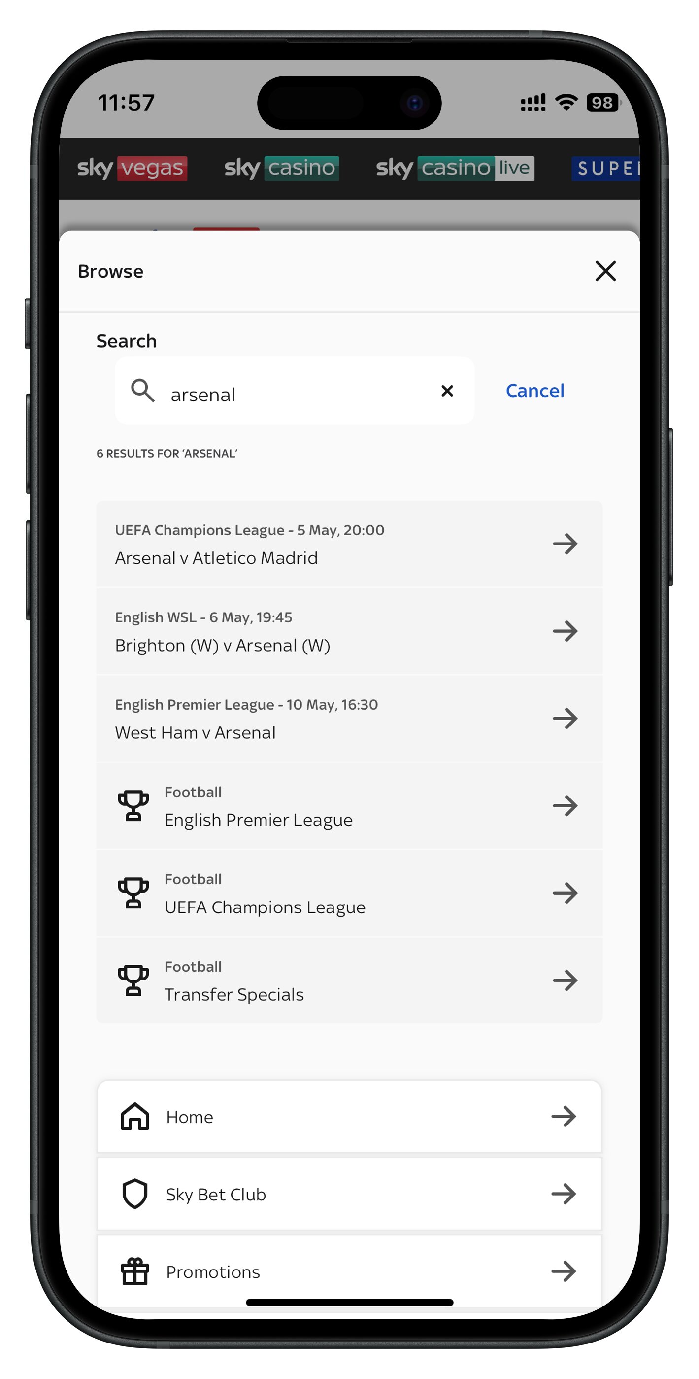 skybet app search results