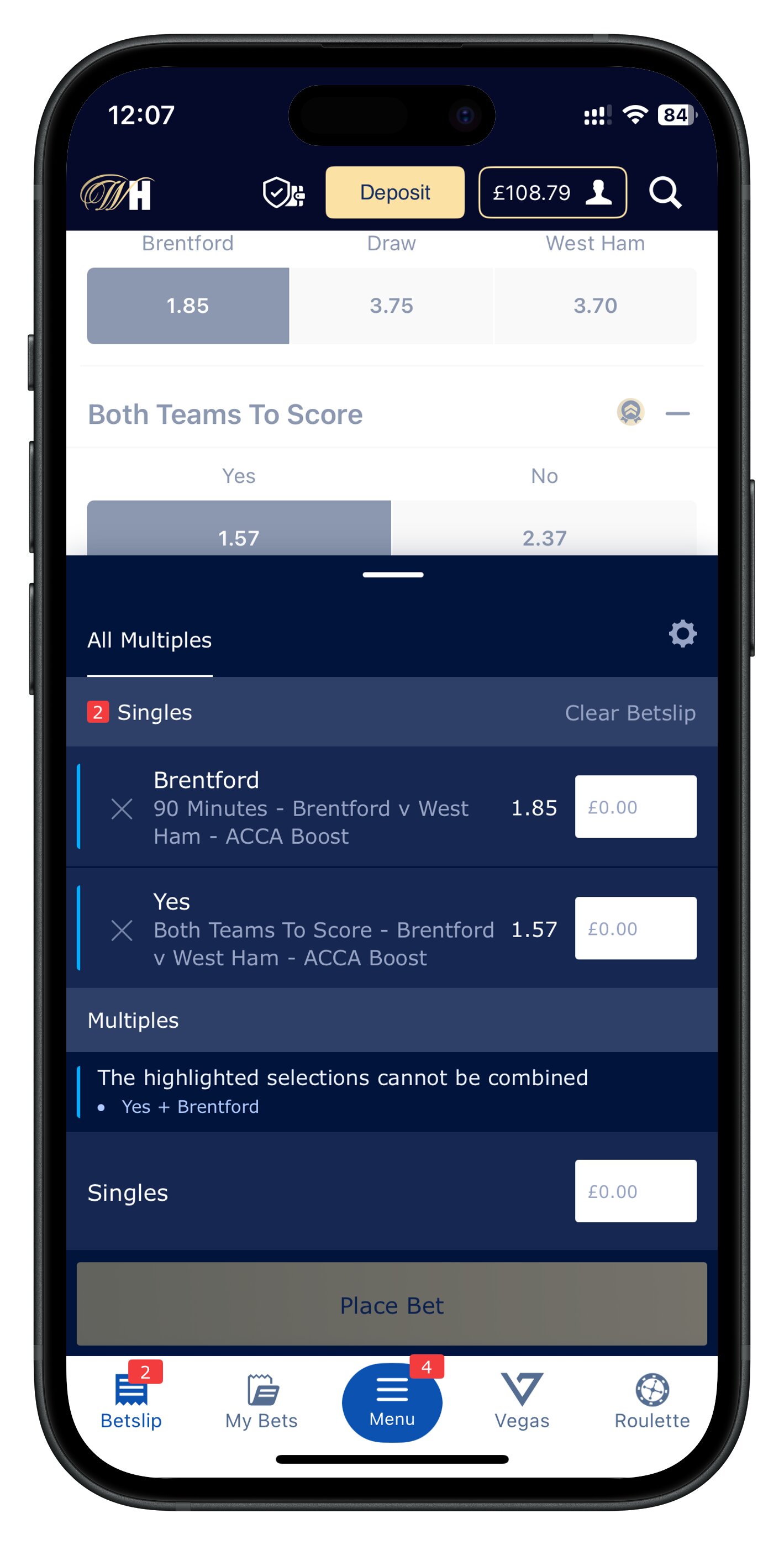 williamhill app cannot make bet builder without going into Bet Builder mode