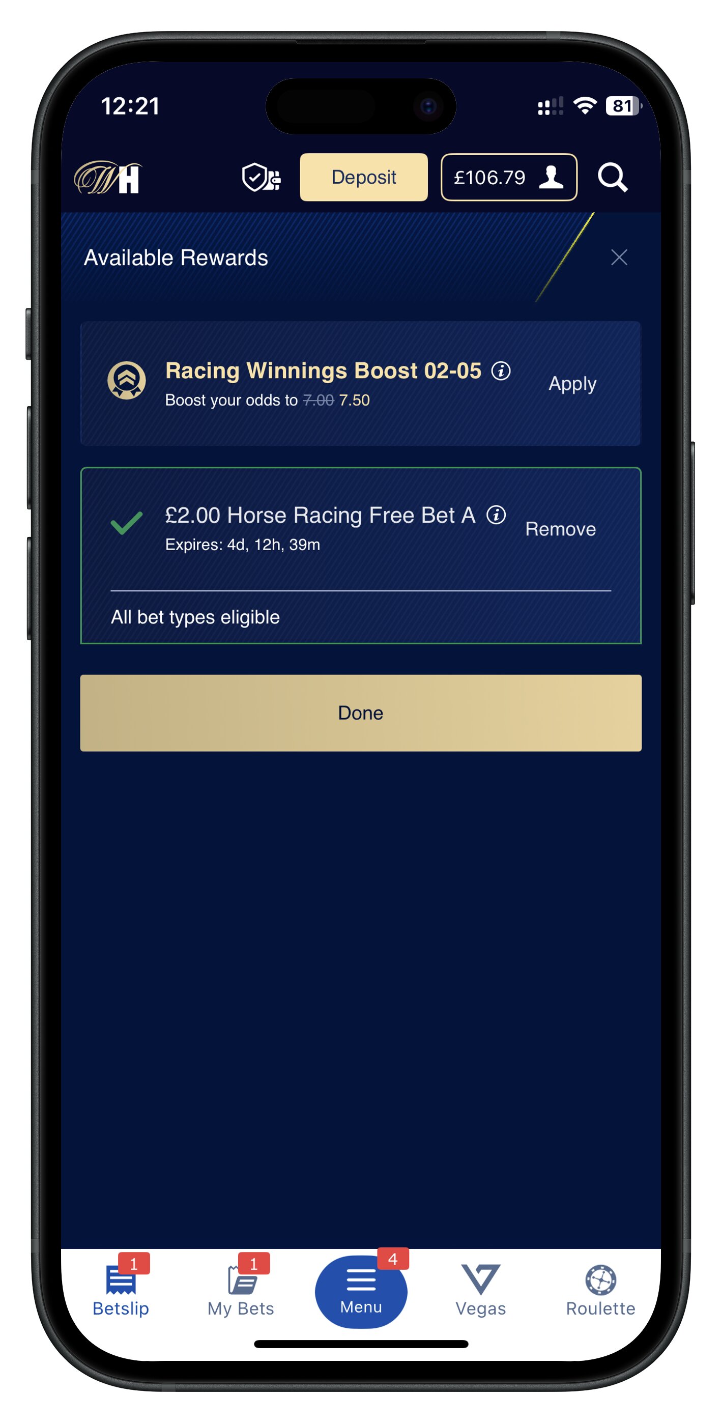 williamhill app selection of free bet