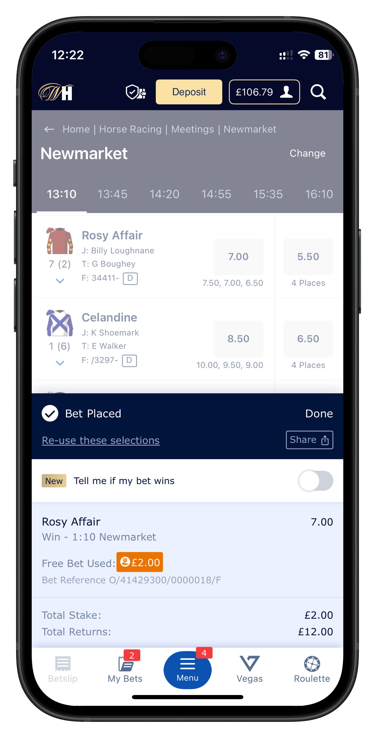 williamhill app free bet placed